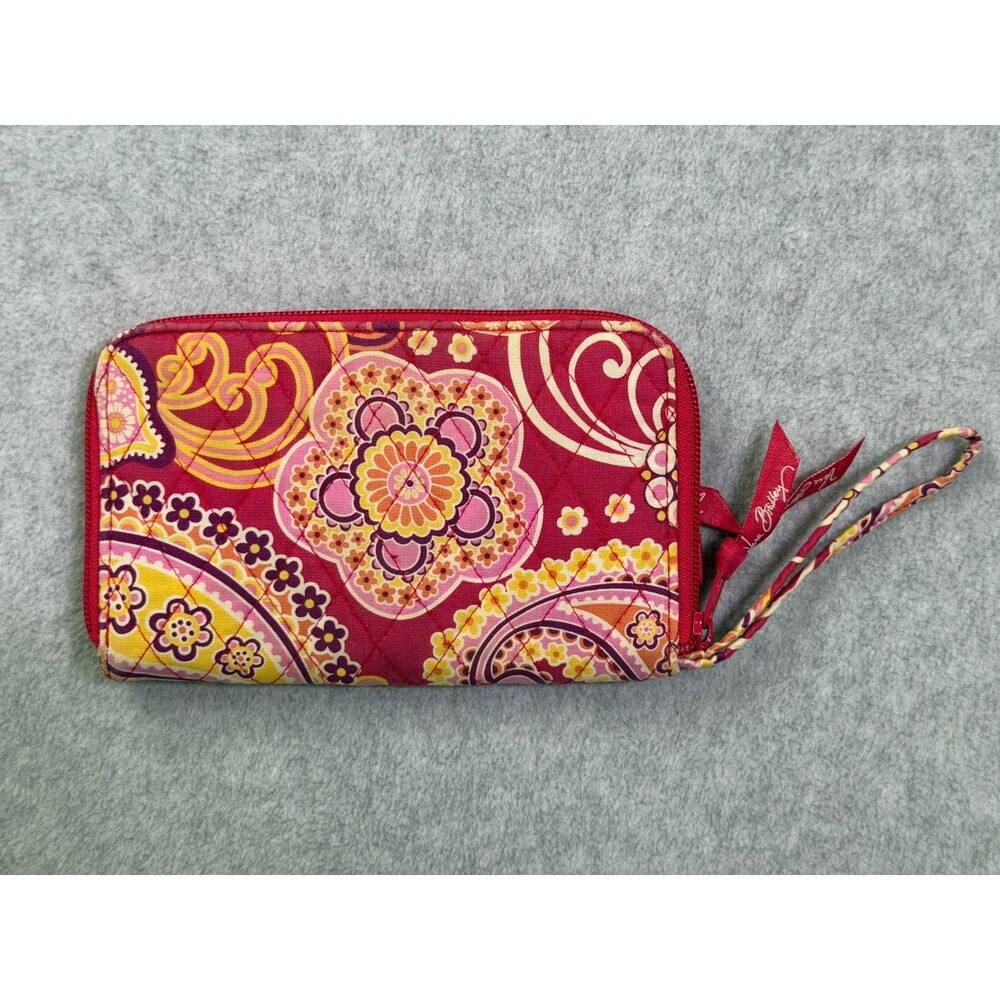 Vera Bradley Zip Around Wallet Wristlet Pink Red Paisley Floral Quilted Cotton